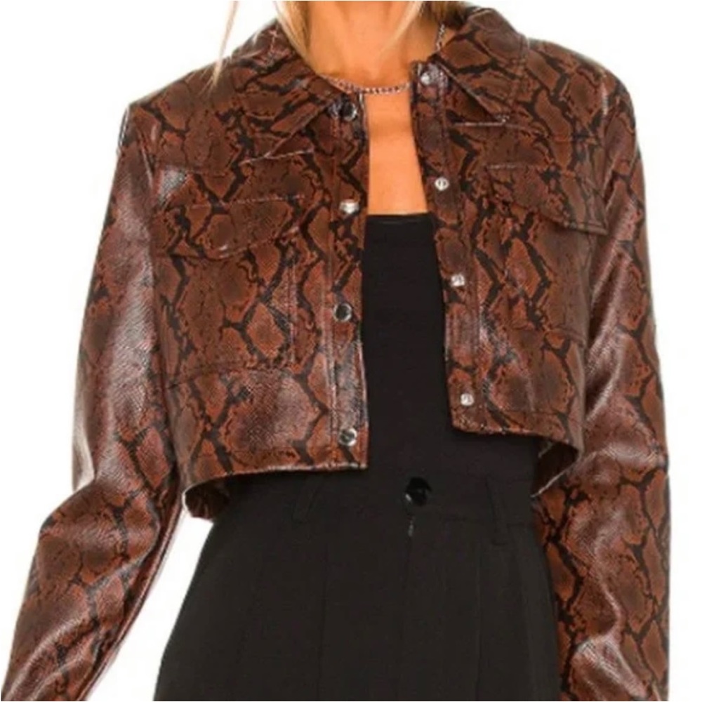hours Brown and Black Snake Print Cropped Leather Jacket
